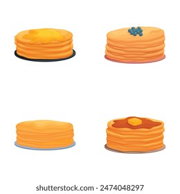 Colorful illustration set featuring various styles of pancake stacks with toppings