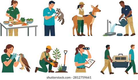Colorful illustration set featuring wildlife professionals feeding, examining, monitoring, rescuing, and transporting animals while restoring natural habitats. Suitable for conservation campaigns, environmental education, veterinary materials, nonprofit projects, and wildlife protection designs.
