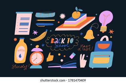 Colorful illustration set on dark background in vector. Back To School lettering. Different elements: books, backpack, pencils, bell. Education.