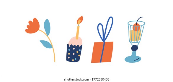 Colorful illustration set in vector.  Flower, cup cake with burning candle, gift and glass of lemonade. Celebration, birthday, party. For cards, posters, stationery.