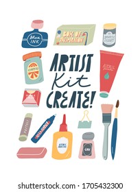 Colorful illustration set in vector with lettering. Collection of art materials. For artists, illustrators. Paints, ink, watercolor, brushes, pastels, rubber, marker. Tools for artists. Artist kit.