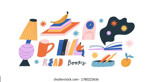 Colorful illustration set in vector. Read Books lettering. Depiction of books, fruits, mug, lamp. Decorative elements. Education, hobby, reading.