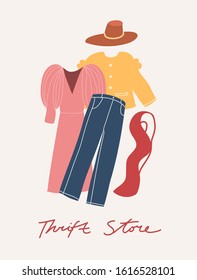 Colorful illustration set with wardrobe items. Collection of clothes. Fashion illustration. Dress, jeans, cardigan, hat and scarf. Thrift shop lettering. Hand drawn inscription.