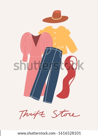 Colorful illustration set with wardrobe items. Collection of clothes. Fashion illustration. Dress, jeans, cardigan, hat and scarf. Thrift shop lettering. Hand drawn inscription.