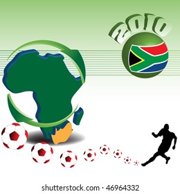 Colorful illustration with the shape of the African continent and a football player kicking football balls. World cup concept