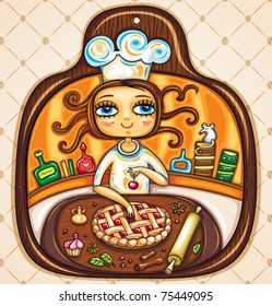 Colorful Illustration in the shape of cutting board. Cute girl  cooking cherry pie and placing cherry on top. The comfortable kitchen with cabinets, jars, roller, spices and essences.