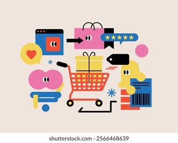 a colorful illustration of a shopping cart with a box with a box of a gift.