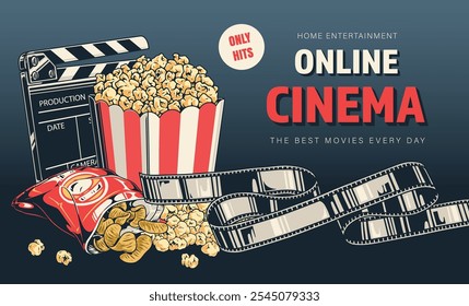 A colorful illustration showcases a striped popcorn bucket film reel and snacks highlighting the joy of home entertainment with online cinema offerings.