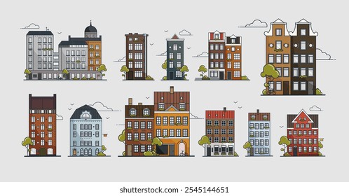 Uma ilustração colorida mostrando os estilos arquitetônicos de Amsterdã, Copenhague e Helsinque