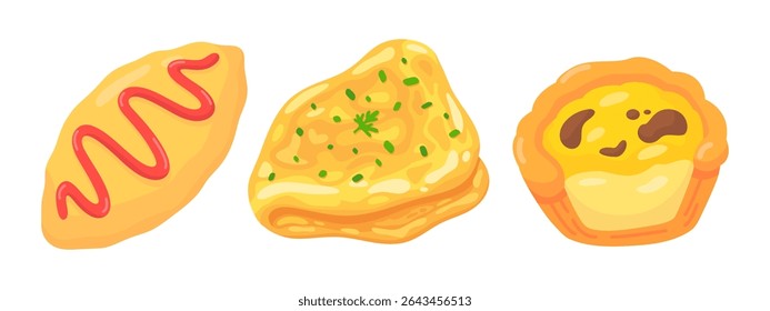 A colorful illustration showcasing a croissant, pancake, and tart, perfect for food-related designs and culinary projects.