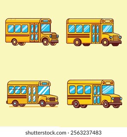 A colorful illustration showcasing four cartoon images of classic yellow school buses.