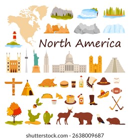 A colorful illustration showcasing North America diverse landscape, iconic landmarks, food and culture with a map and various symbols of the continent.