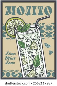 Colorful illustration showcasing a refreshing mojito cocktail, featuring ice cubes, mint leaves, and lime slices, presented in a vintage inspired design with a decorative background