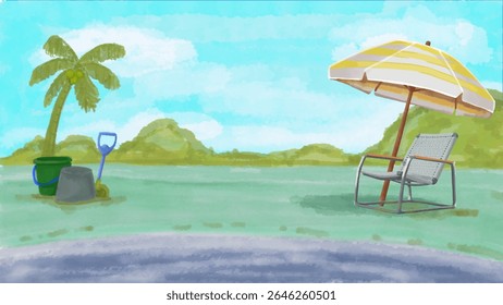 Ilustração colorida apresentando uma cena de praia serena com uma cadeira, guarda-chuva, palmeira e brinquedos de areia, representando relaxamento, diversão de verão e férias tropicais.