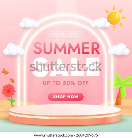 Colorful illustration showcasing a summer sale promotion with tropical elements sun, palm trees, and flowers, highlighted on a pastel background and inviting customers to enjoy seasonal discounts.