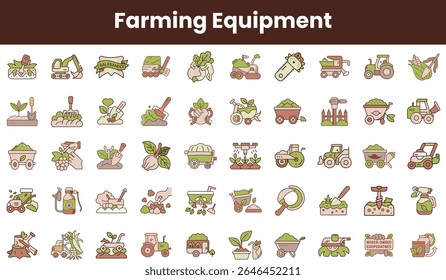 A colorful illustration showcasing various farming equipment, including tractors, tools, and crops, symbolizing agricultural practices and sustainability.