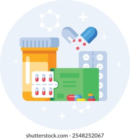 Ilustración colorida que muestra varias formas de medicación, incluidos blísters, frascos de píldoras y píldoras sueltas, que simbolizan la industria farmacéutica y la atención médica