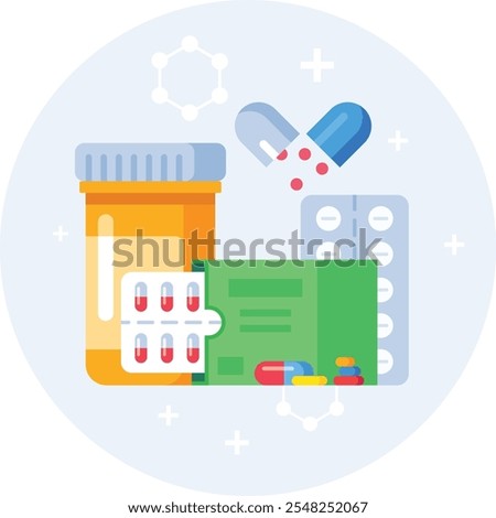 Colorful illustration showcasing various forms of medication, including blister packs, pill bottles, and loose pills, symbolizing the pharmaceutical industry and healthcare