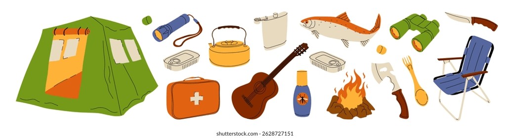 Colorful illustration showing essential camping items including a tent, fire, tools, food, and equipment for outdoor adventures and survival.