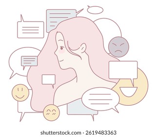 A colorful illustration showing various emotions and conversations in lively speech bubbles with expressive content