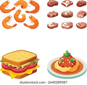 Colorful Illustration of Shrimp, Steak, Sandwich, and Pasta Dishes.