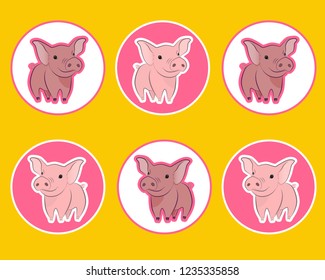 Colorful illustration of six funny pink piglets in circles on a bright background. For badges and label design. To decorate the walls of rooms. For advertising pork meat. Fairy tale characters.