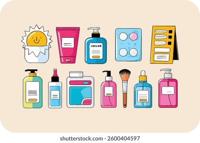Colorful Illustration of Skincare and Makeup Products for Daily Beauty Routine