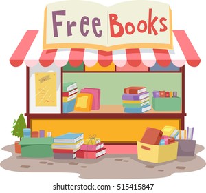 Colorful Illustration of a Small Roadside Stand Giving Away an Assortment of Books