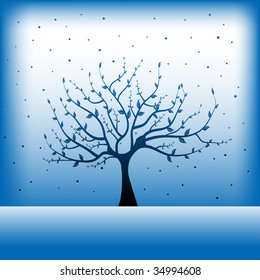 Colorful illustration with small snowflakes and lonely tree shape with many branches