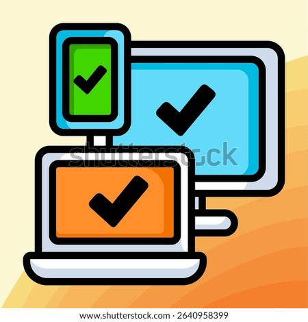 Colorful illustration of a smartphone, laptop, and desktop with check marks, representing compatibility, sync or device verification.