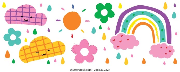 Colorful illustration with smiling clouds, a bright sun, vibrant rainbow, and cheerful flowers. Playful clouds and rainbow with colorful raindrops. Cute illustrations, isolated element vector set.