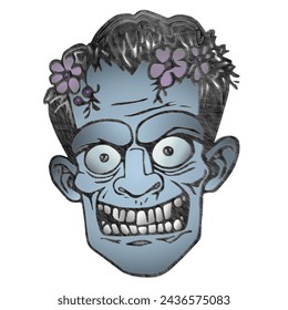 Colorful illustration of smiling monster character with flowers in hair.  Dot background effect.