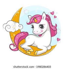 Colorful illustration of smiling unicorn on the moon. Beautiful picture for your design. 