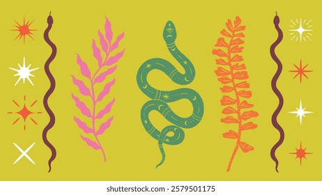 Colorful illustration with snakes and plants. Features green and brown snakes, pink and orange leaves, and white stars on a yellow background. Spirituality vector set.