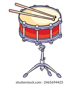 colorful illustration of a snare drum with drumsticks. The snare drum is mounted on a three-legged stand and has a red body with tension screws on the sides, indicating that it is adjustable. 