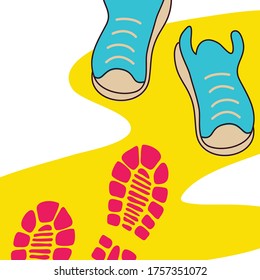 Colorful illustration of sneakers with traces of them on the road. Stylized illustration.