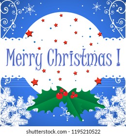Colorful illustration with snowy fir branches, snowflakes, red stars, mistletoe and the text Merry Christmas written in blue