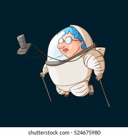 Colorful illustration of a space tourist in zero gravity, wearing a suit.