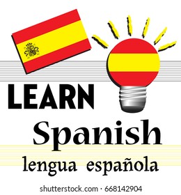 Colorful illustration with the Spanish flag and the text learn Spanish written with black letters