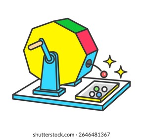 Ilustração colorida de uma máquina de loteria giratória.