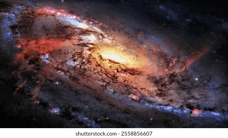 A colorful illustration of a spiral-shaped galaxy visible in a small area of the starry sky