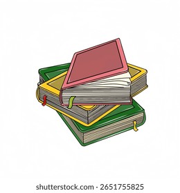 Colorful illustration of a stack of books, one open on top