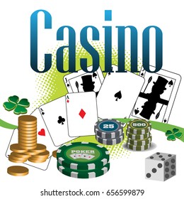 Colorful illustration with stack of coins, poker chips, dices, poker cards and the word casino written in blue