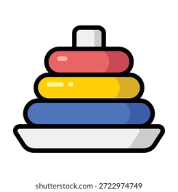 Ilustração colorida de um brinquedo de anel de empilhamento com anéis em camadas. Apoio visual educacional, habilidades motoras, reconhecimento de cores e atividades de aprendizagem infantil.