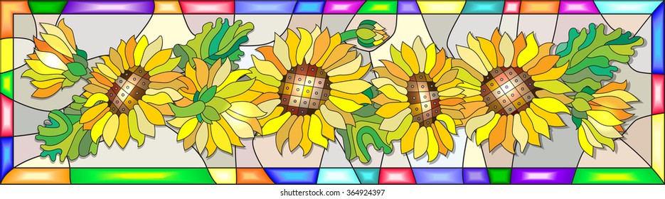Colorful illustration in stained glass style with flowers, leaves and buds of the sunflower