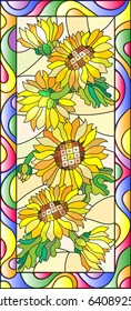 Colorful illustration in stained glass style with flowers, leaves and buds of the sunflower,on a yellow background in a bright frame