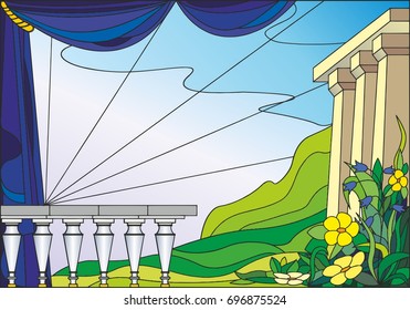 Colorful illustration, in stained glass style - landscape with flowers and columns against the sky and mountains