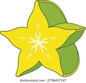 A colorful illustration of a star fruit slice, showcasing its unique star shape and vibrant yellow color, with a hint of green peel.