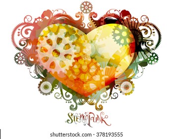 Colorful Illustration of a Steampunk Heart Designed with Cogs and Gears