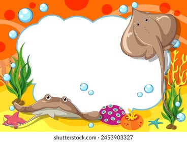 Colorful illustration of stingrays in a vibrant seascape.